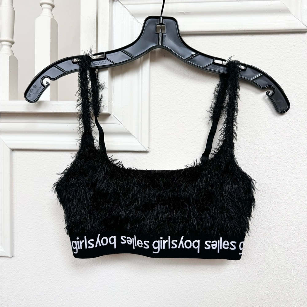 Les Girls Les Boys fluffy bralet with logo underband in black S